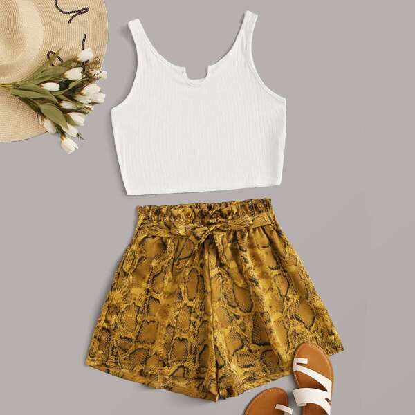 

Solid Tank Top & Snakeskin Print Belted Shorts, Multicolor