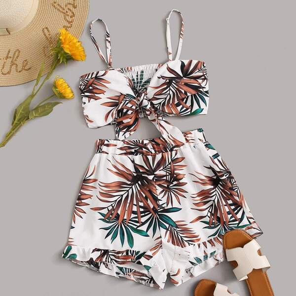 

Leaf Print Shirred Cami Top & Frill Shorts, Multicolor