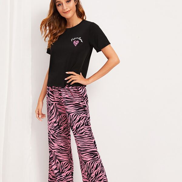 

Heart & Leopard Print Pajama Set, Multicolor