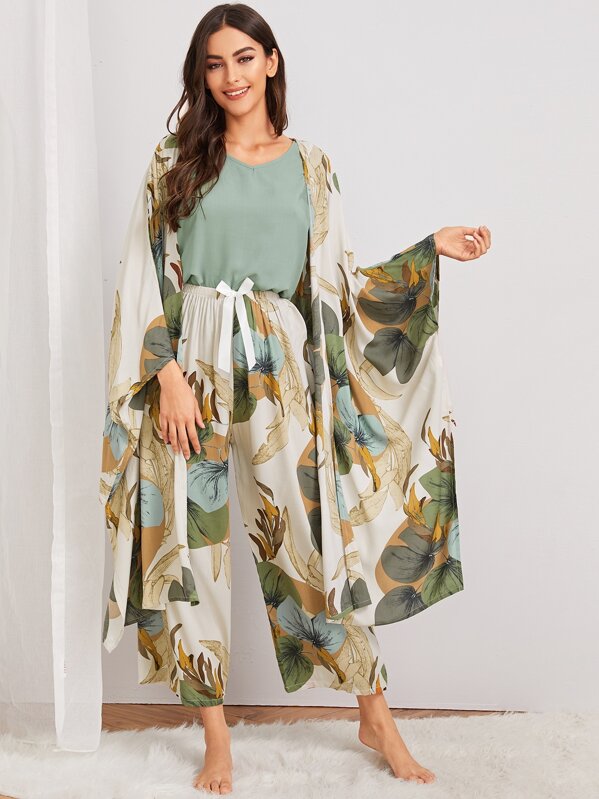 

4Pcs Leaf Print Pajama Set With Robe, Multicolor, Carol A