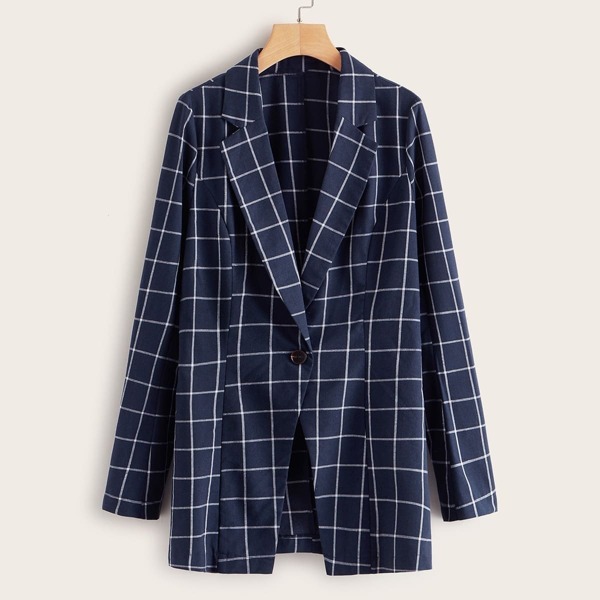 

Grid Print Single Button Blazer, Navy