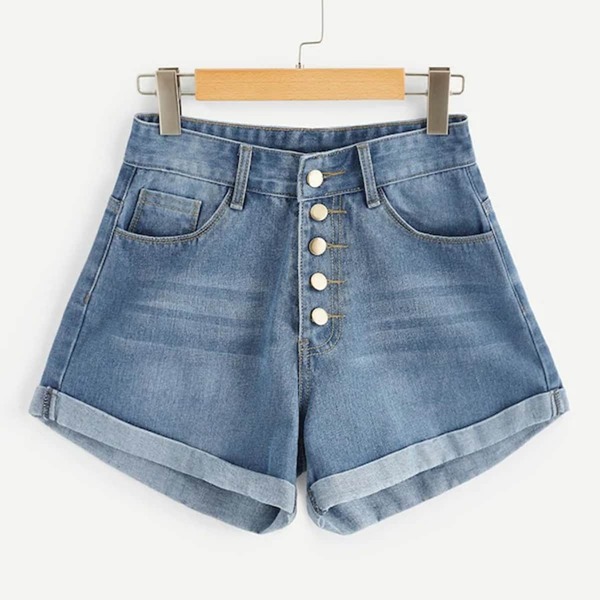 

Plus Rolled Trim Washed Denim Shorts, Blue