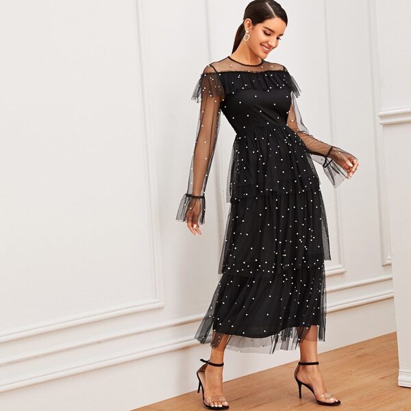 

Pearl Embellished Layered Mesh Dress