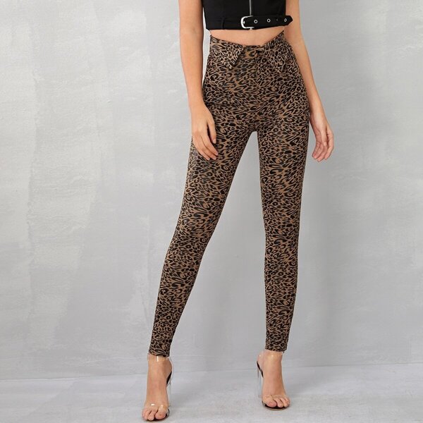 

Folded Waist Leopard Print Skinny Jeans, Multicolor