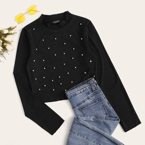 Pearl Embellished Rib-knit Tee