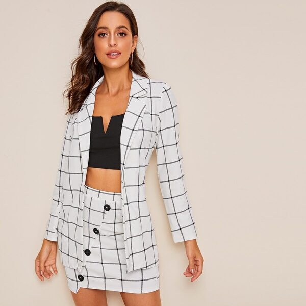 

Grid Print Blazer & Buttoned Bodycon Skirt Set