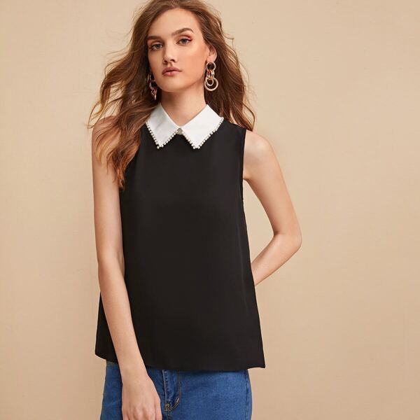 

Contrast Collar Beaded Detail Sleeveless Blouse