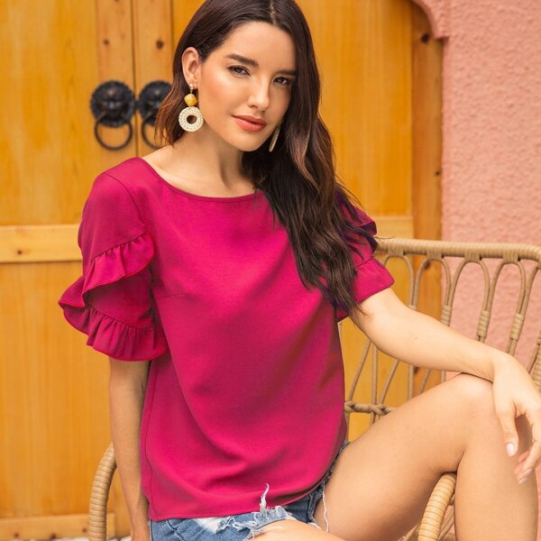

Solid Ruffle Trim Blouse, Pink