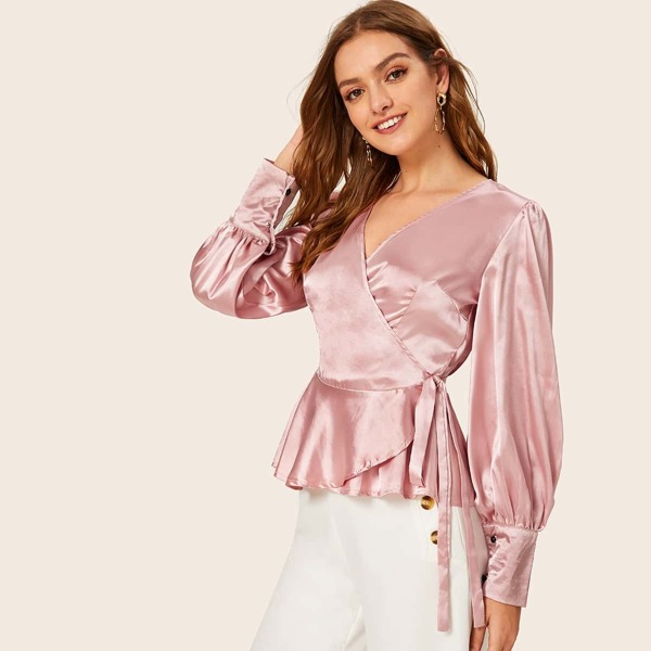 

Ruffle Hem Belted Satin Wrap Blouse