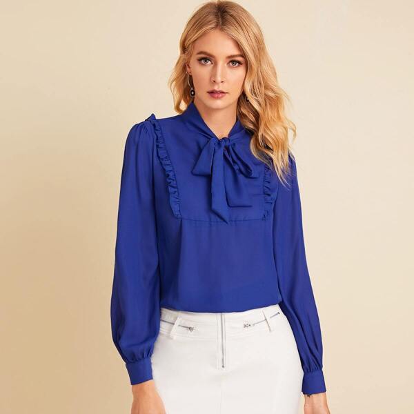 

Solid Tie Neck Frill Trim Blouse, Blue