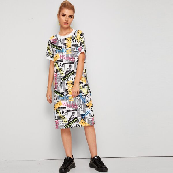 

Newspaper Print Tee Dress, Multicolor