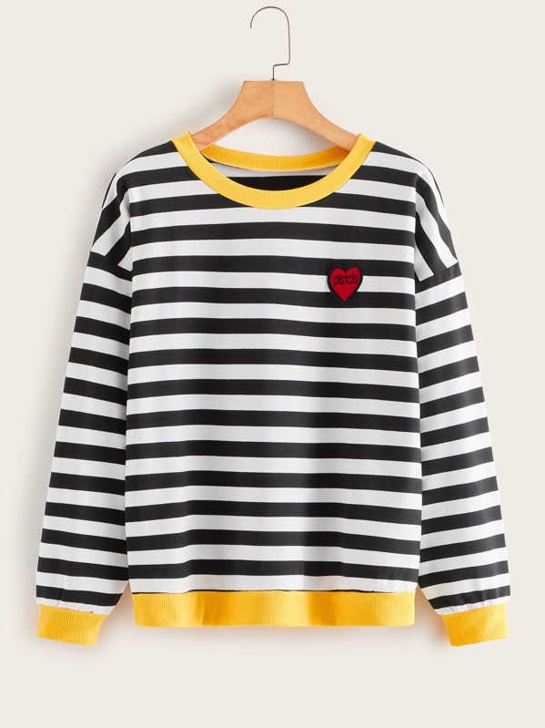 

Striped Embroidery Ringer Sweatshirt, Black and white