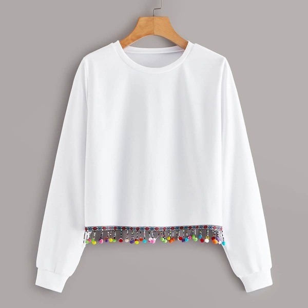 

Pom Pom Hem Round Neck Sweatshirt