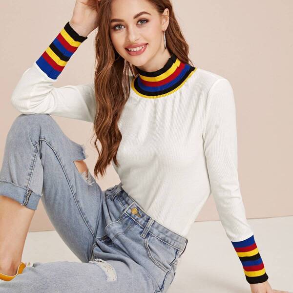 

Colorful Striped Cuff & Collar Ribbed Tee