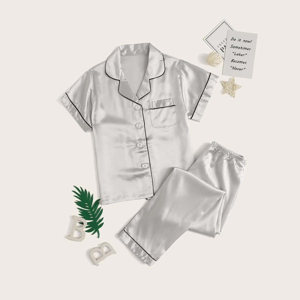 

Boys Contrast Binding Button-up Satin Pajama Set, Grey