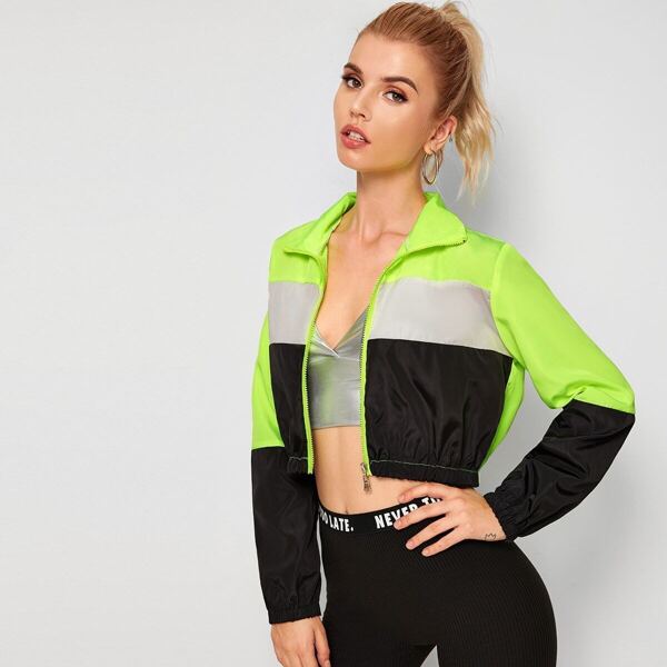 

Colorblock Zip Through Crop Windbreaker Jacket, Multicolor