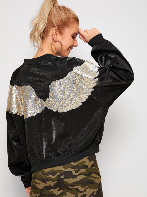 

Sequin Contrast Wing Back Bomber Jacket, Black, Tasha