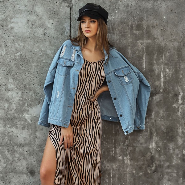 

Light Wash Ripped Denim Jacket, Blue