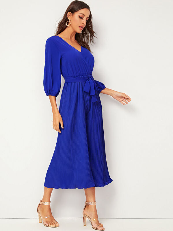 

Pleated V Cut Back Belted Chiffon Jumpsuit, Blue, Mary P.