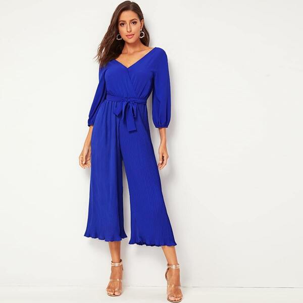 

Pleated V Cut Back Belted Chiffon Jumpsuit