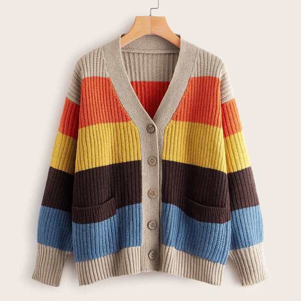 

Rib Knit Colorblock Dual Pocket Cardigan, Multicolor