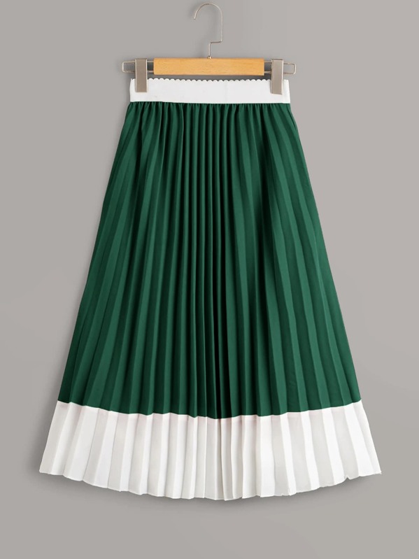 

Colorblock Pleated Elastic Waist Skirt, Green