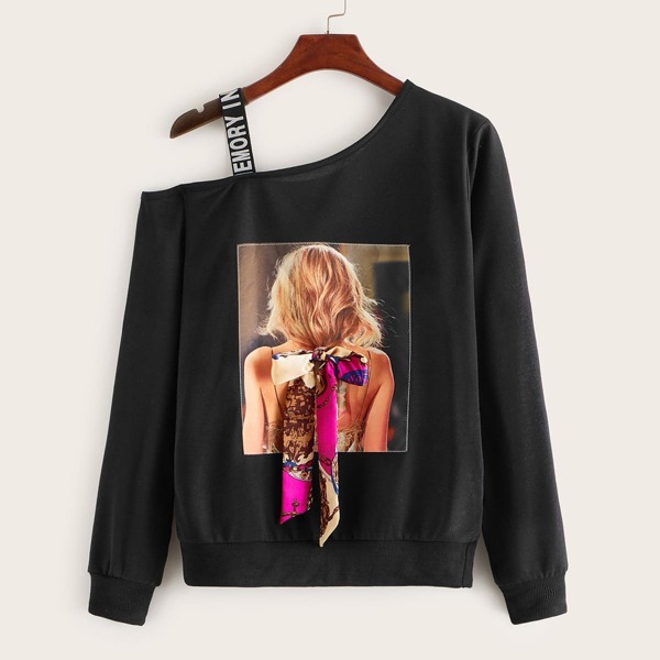 

Figure Graphic Bow Front Tape Contrast Sweatshirt, Black