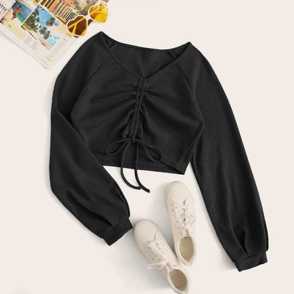 

Drawstring Tie Front V Neck Top, Black