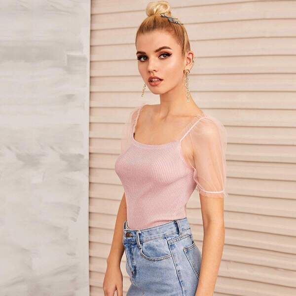 

Rib Knit Mesh Sleeve Top, Pink