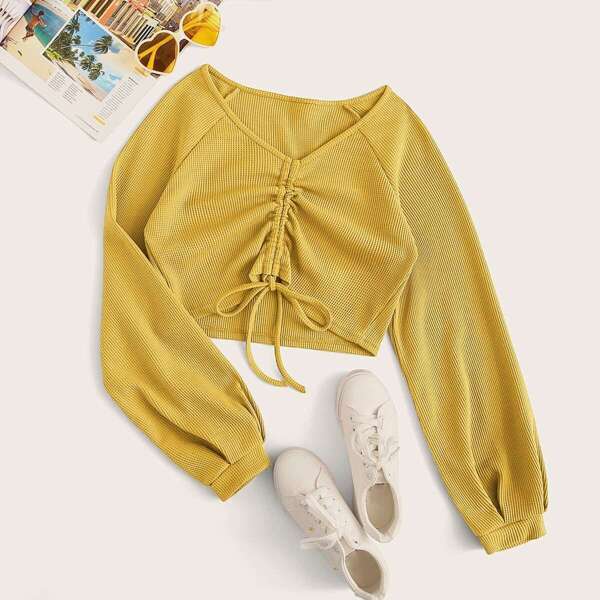 

Drawstring Tie Front V Neck Top, Yellow