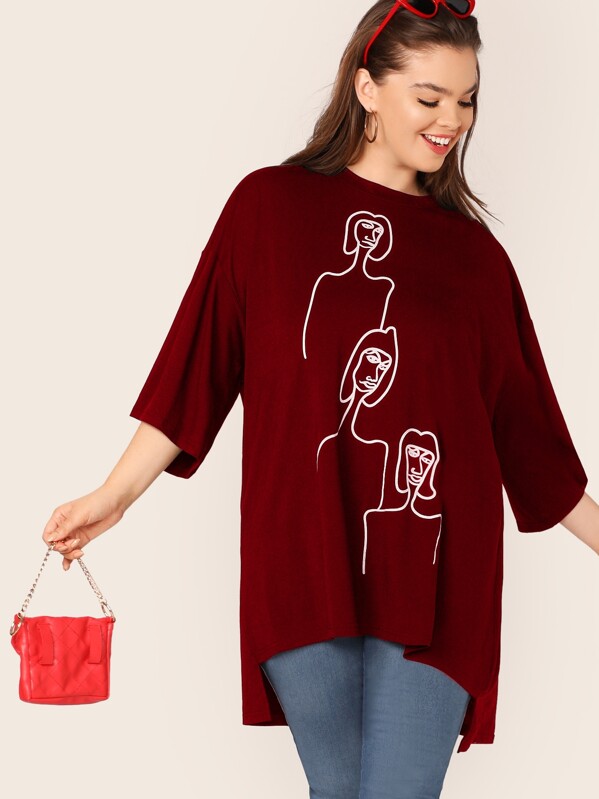 

Plus Figure Print High Low Tee, Burgundy, Faith Bowman