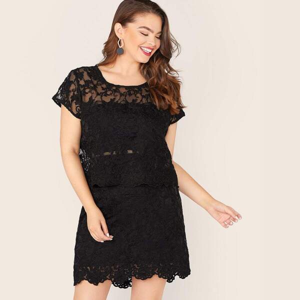 

Plus Embroidery Mesh Overlay Without Tube Top & Skirt Set, Black