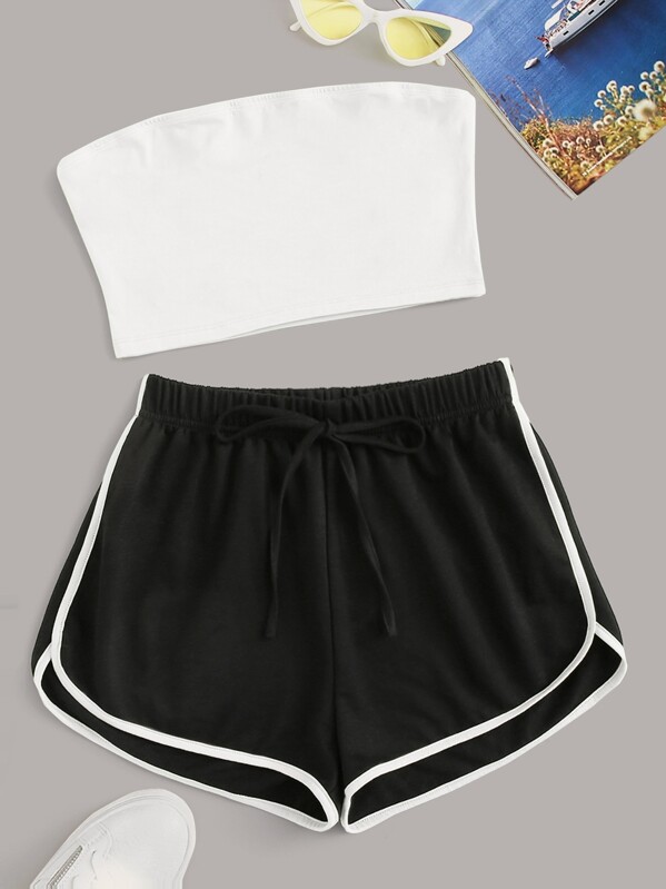 

Crop Tube Top & Contrast Binding Tie Front Shorts Set, Black and white