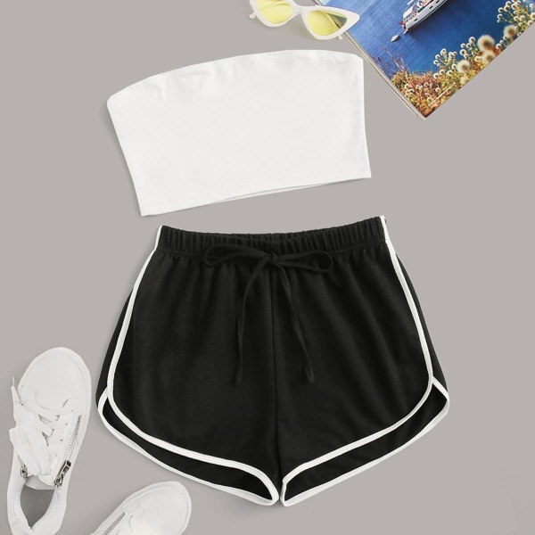 

Crop Tube Top & Contrast Binding Tie Front Shorts Set, Black and white