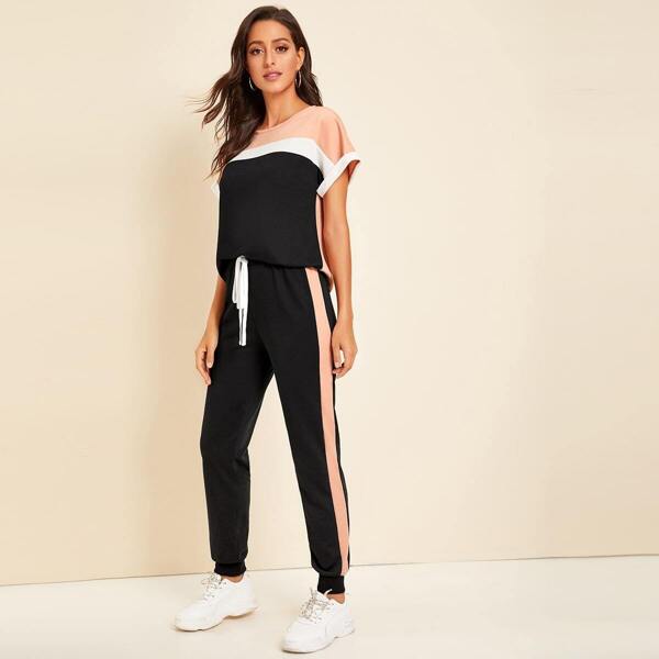 

Colorblock Pullover & Drawstring Waist Sweatpants Set