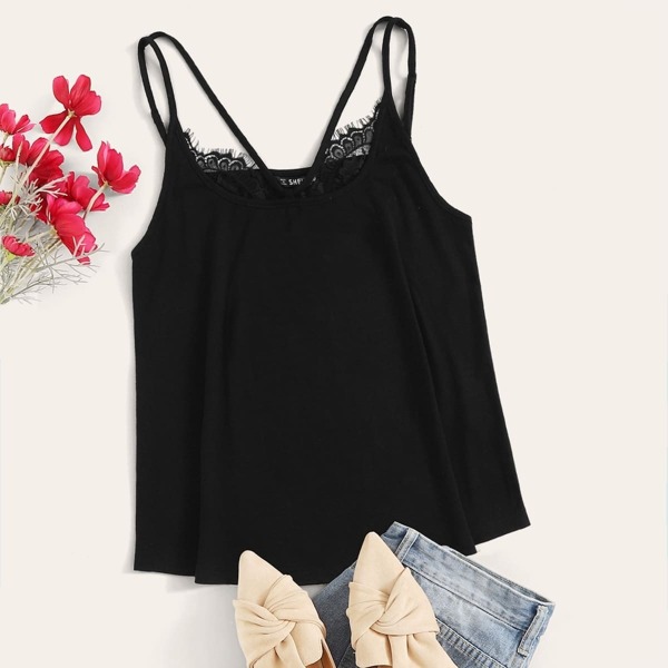 

Strappy Neck Lace Trim Flowy Cami Top