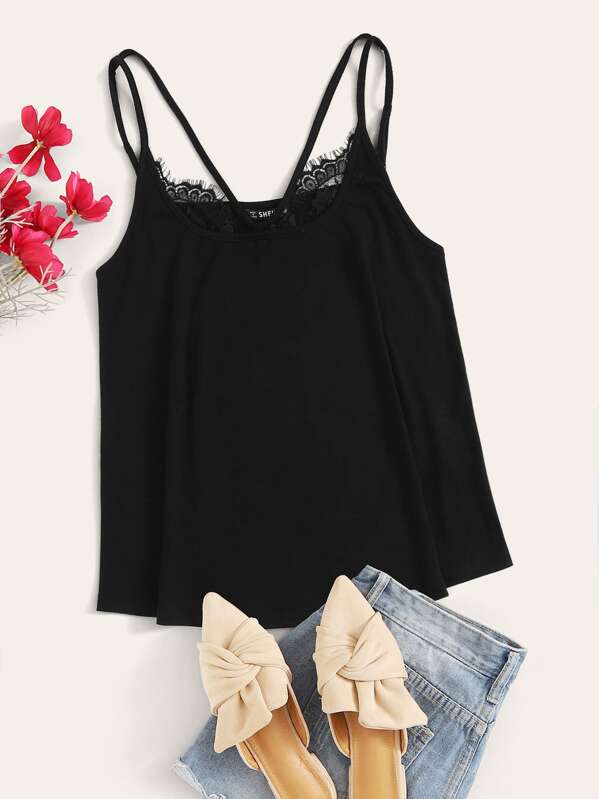

Strappy Neck Lace Trim Flowy Cami Top, Black