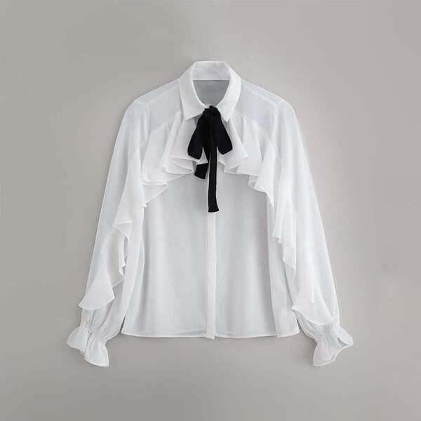 

Tie Neck Ruffle Detail Flounce Sleeve Blouse