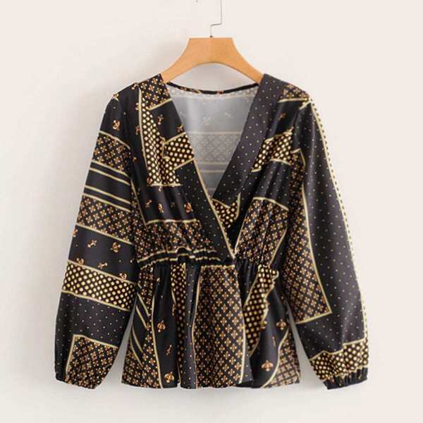 

Geometric Print V-neck Ruffle Hem Blouse