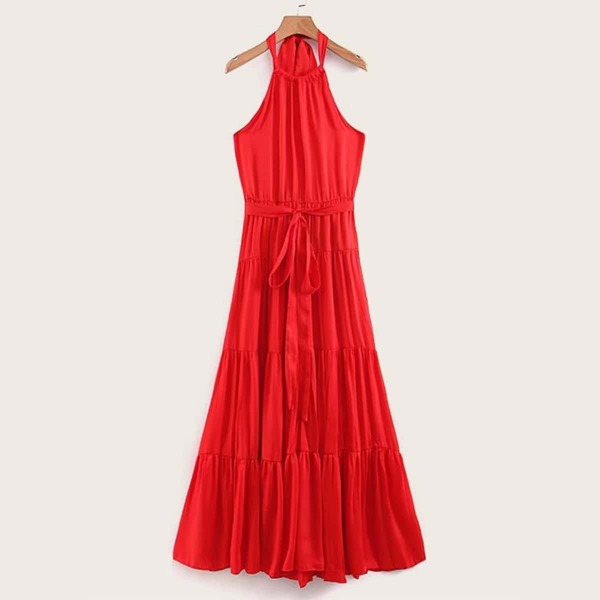 

Flounce Hem Belted Halter Dress