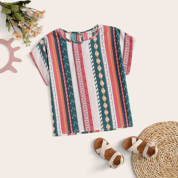 

Girls Keyhole Back Aztec Print Top