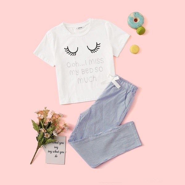 

Girls Eyelash and Slogan Print Top & Striped Pants PJ Set