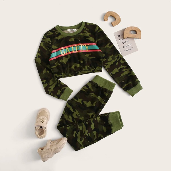 

Girls Letter and Striped Camo Pullover & Sweatpants Set
