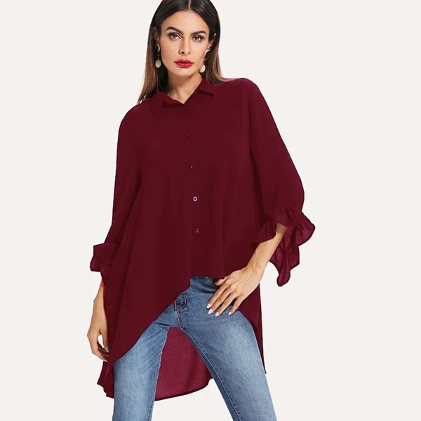 

Solid Ruffle Trim High Low Hem Blouse, Burgundy