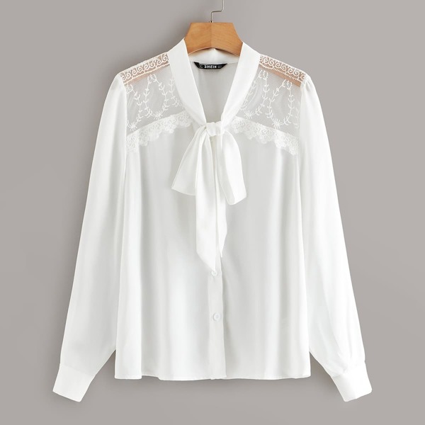 

Tie Neck Lace Insert Button Fly Top, White