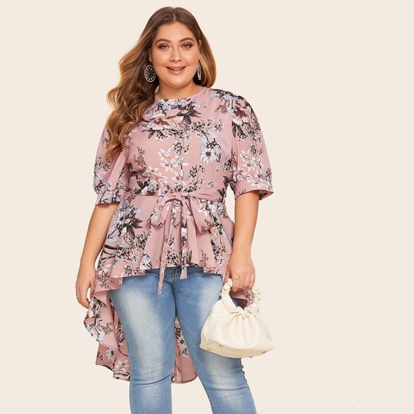 

Plus Self Belted Dip Hem Floral Print Top