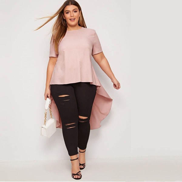 

Plus Keyhole Back High-low Hem Flowy Top, Baby pink