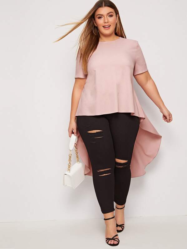 

Plus Keyhole Back High-low Hem Flowy Top, Pink, Angelica