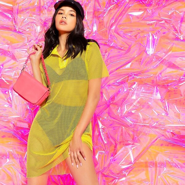 

Mesh Overlay Polo Shirt Dress Without Lingerie