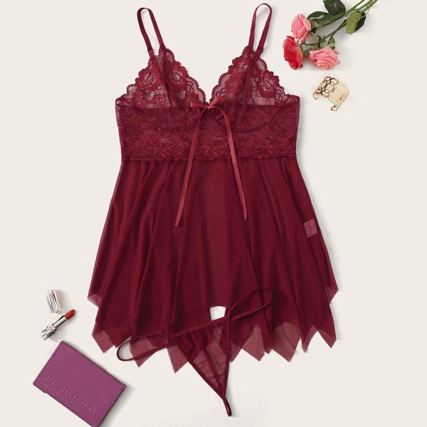 

Plus Asymmetrical Hem Sheer Mesh Dress With Thong, Burgundy